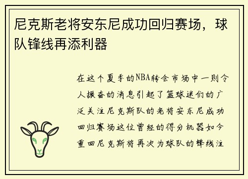 尼克斯老将安东尼成功回归赛场，球队锋线再添利器